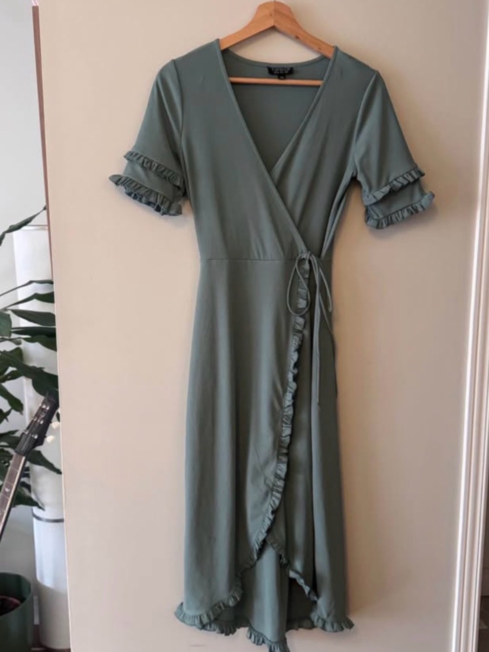 Topshop Sage Green Ruffle Wrap Midi Dress